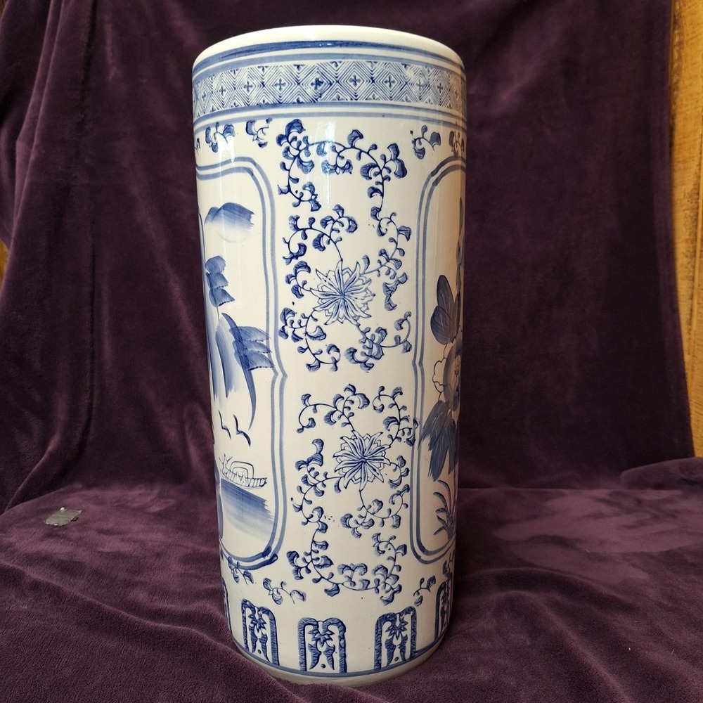 Blue and White Ceramic Floral Round Traditional Umbrella Stand 18" X 7" - Picture 2 of 9